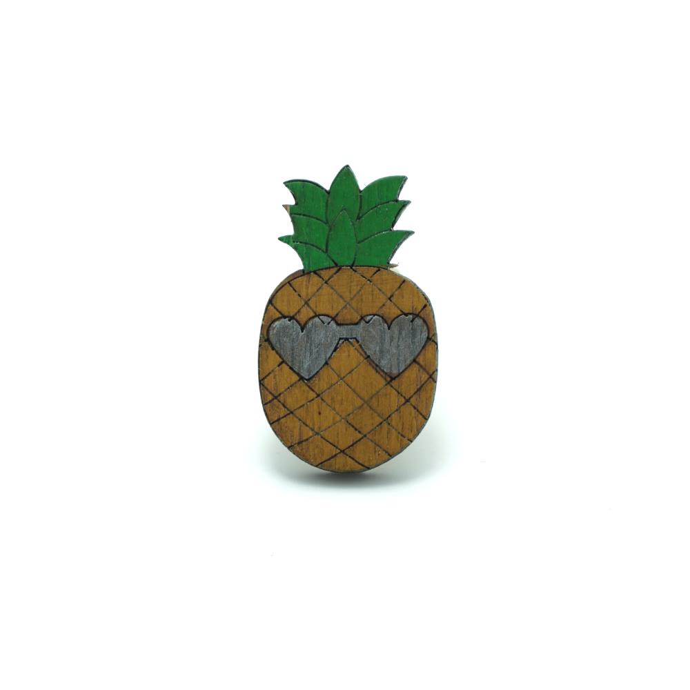 Gözlüklü Ananas Ahşap El Boyaması Broş 