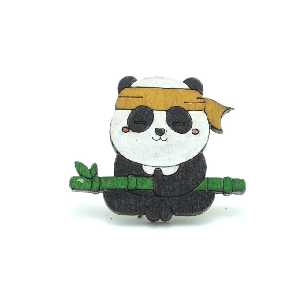 Panda Ninja Ahşap El Boyaması Broş 