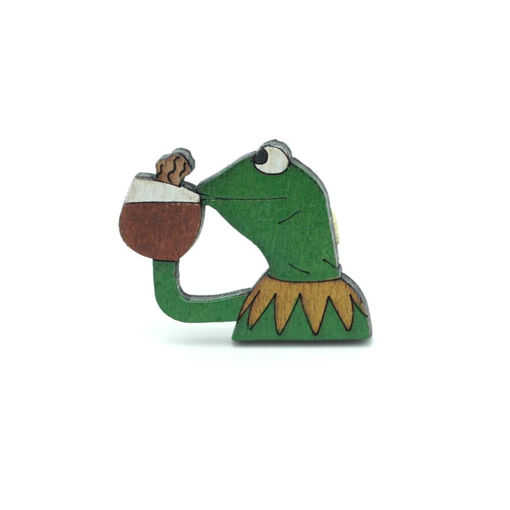 Kermit Kahve Ahşap El Boyaması Broş 