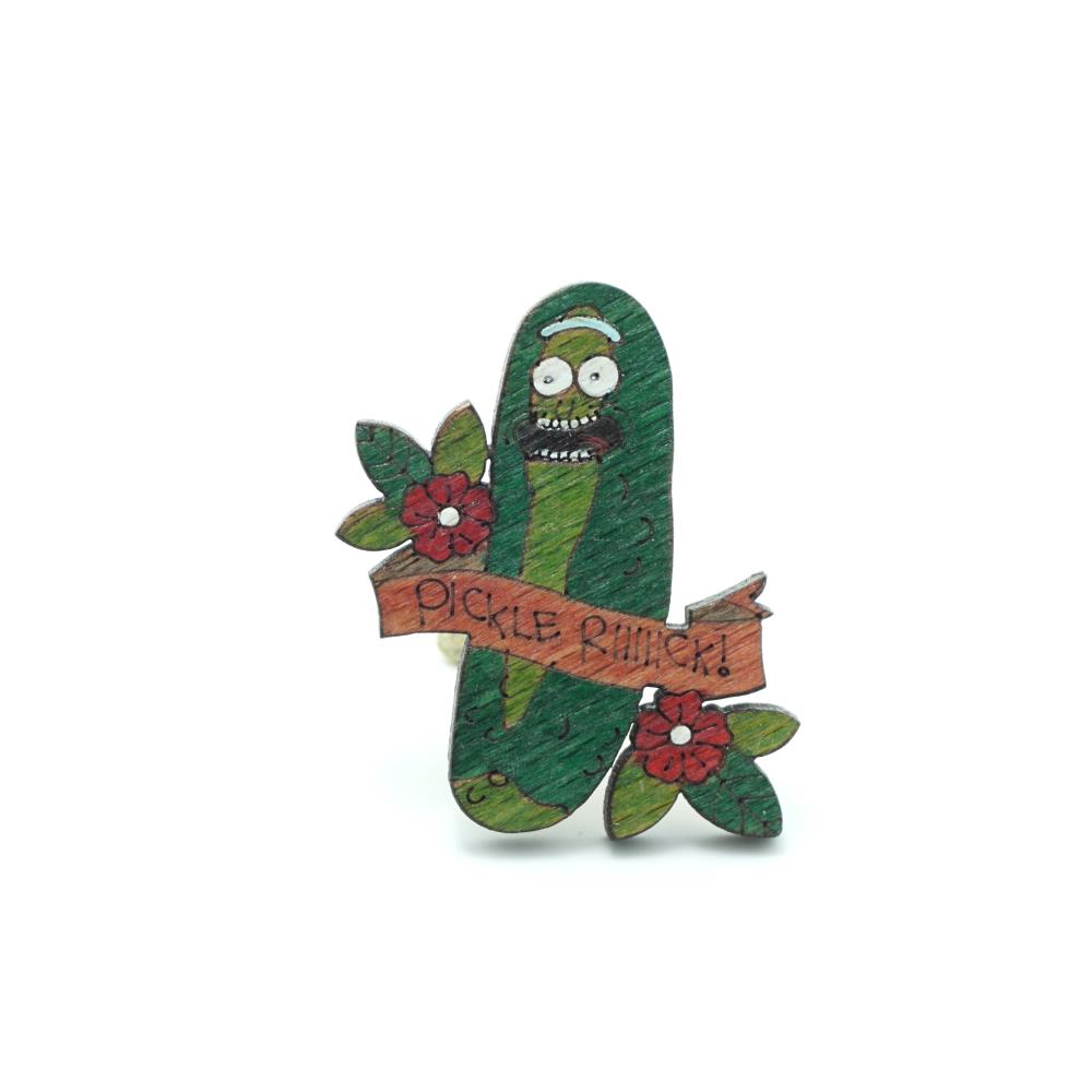 Pickle Rick Çiçekli Ahşap El Boyaması Broş 